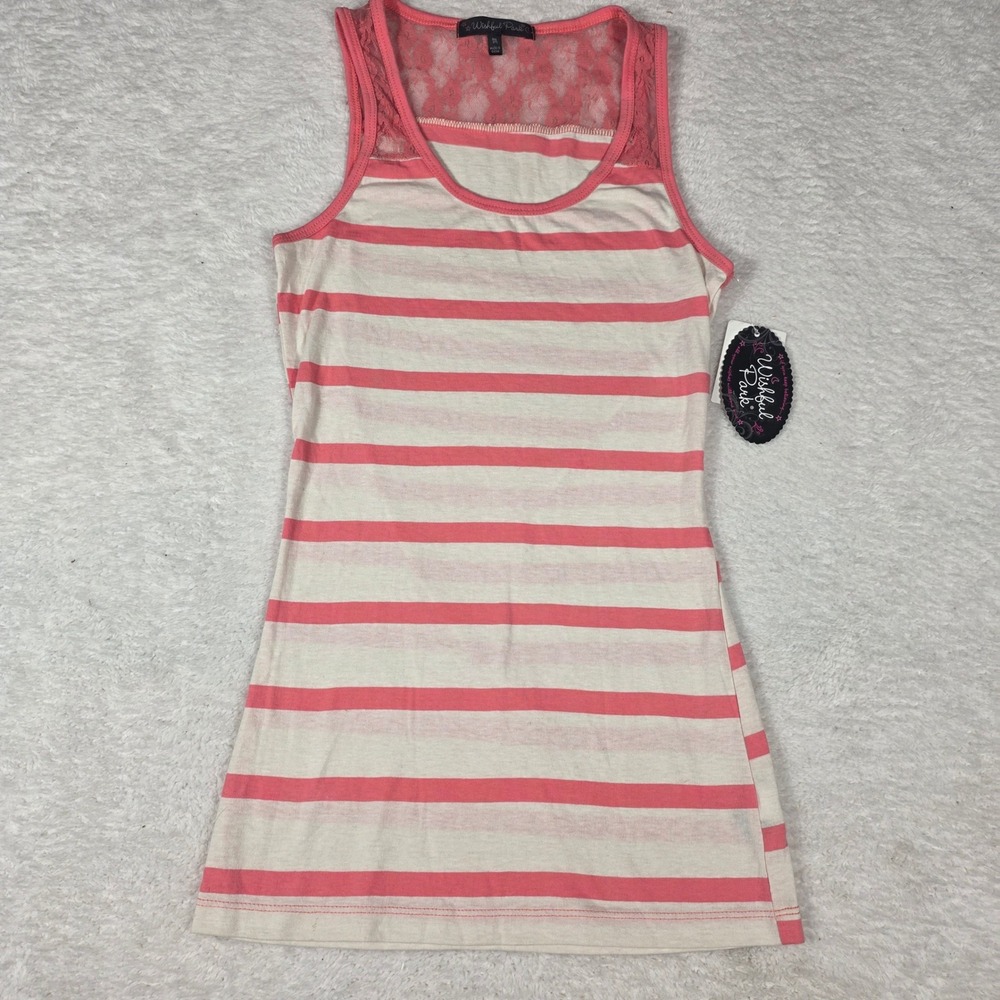 Wishful Park Striped T-Shirt Women Medium Coral White  Lace Trim Short SleeveNWT